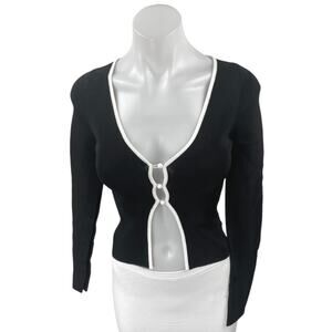 Express Black Rib Knit Long Sleeve V-Neck Button Crop Cardigan Sweater Top Sz XS